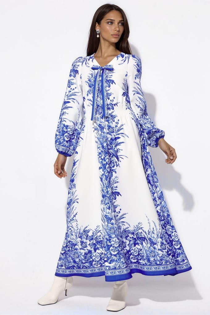 Gedrukte V-hals Maxi Jurk met Strikdetail