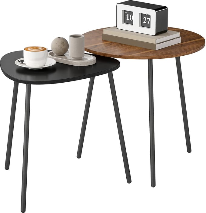 Set van 2 nest salontafels - eigentijds - rond en driehoekig - walnoot & zwart