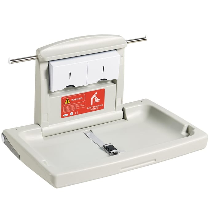 Table à langer murale pour bébé, Table à langer pliable horizontale avec sangles de sécurité et barres de suspension, Utilisation dans les toilettes publiques, Garderies