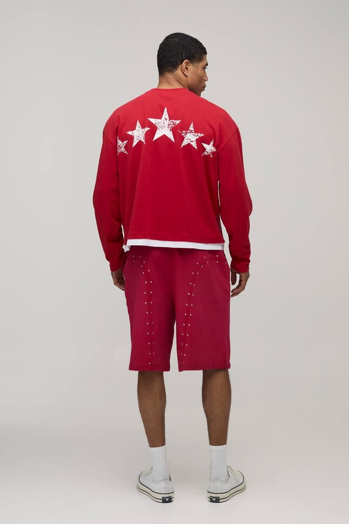 Baggy Fit Western Shorts Met Studs Van Loopback Jersey | Red | Size Medium