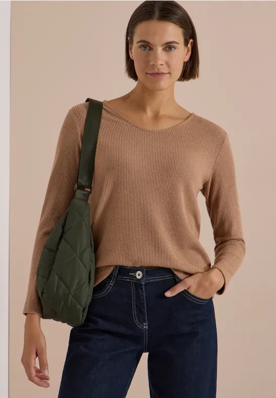 Shirt met lange mouwen, V-hals en ribstructuur
