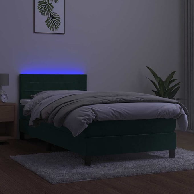 vidaXL - Boxspring - met - matras - en - LED - fluweel - donkergroen - 90x200 - cm