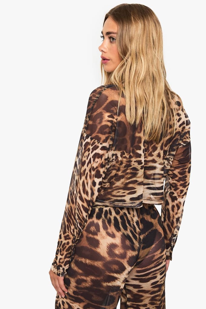 boohoo Dames Strandkleding Essentials Leopard Gekort Overhemd met Lange Mouwen | Bruin | Maat: Medium