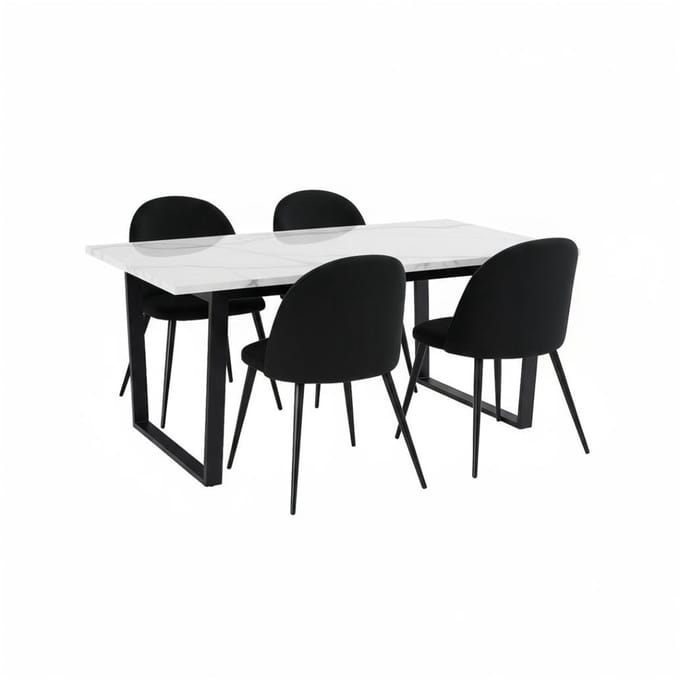 Tilst eethoek eettafel wit marmerprint 90x160 4 stoelen velours zwart.