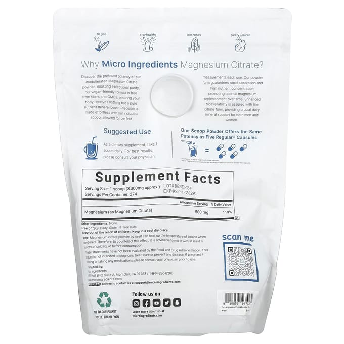 Micro Ingredients, Citrate de Magnésium, Non Aromatisé, 907g (2 lb)