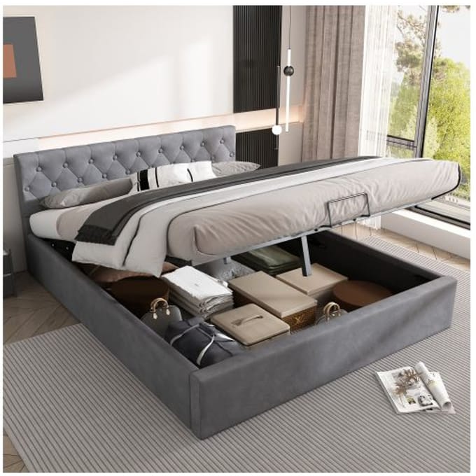 Lit - MUVOE - 140x200 cm - Velours gris - Tête de lit boutonnée - Rangement hydraulique gris