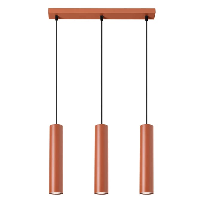 Hanglamp LAGOS 3L met 3 cilindrische kappen op een rij - Sollux Lighting - IP20 - Okerrood staal behuizing - 45 x 6 x 98 cm - 3 x GU10 LED, exclusief lichtbron - 3 x 10 W - Industriële hanglamp voor slaapkamer, woonkamer en gang