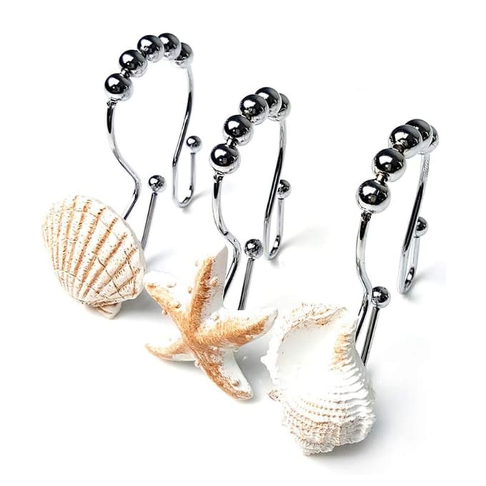 12 STKS Decoratieve Douchegordijnhaken Zeester Kauri Schelp Hars Haak voor Badkamer en Douche white