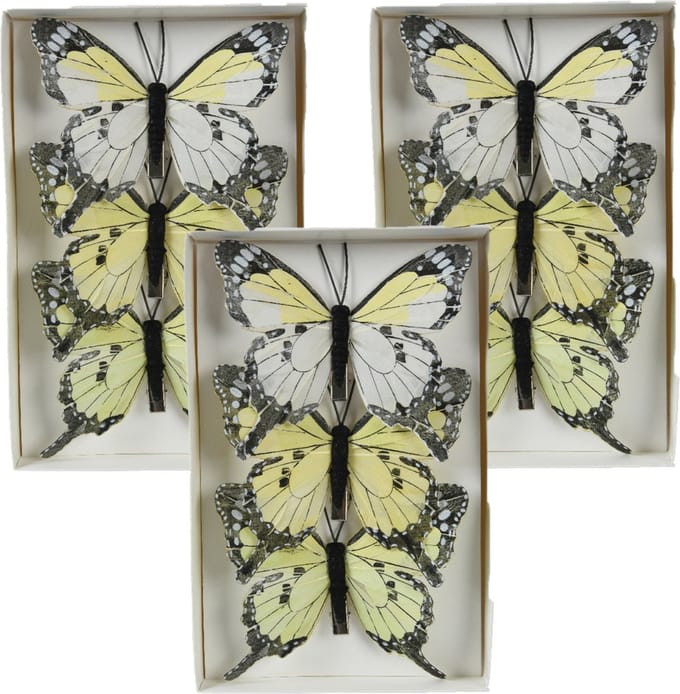 Decoris decoratie vlinders op clip - 9x - lichtgeel - 12 x 8 cm - hobbydecoratieobject