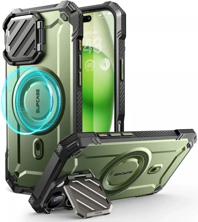 SUPCASE UB Pro MagXT Hoesje Geschikt voor Apple iPhone 16 Pro Max - Back Cover met Camera Protector Kickstand - Compatibel met MagSafe - Extra Camera Bescherming - Groen