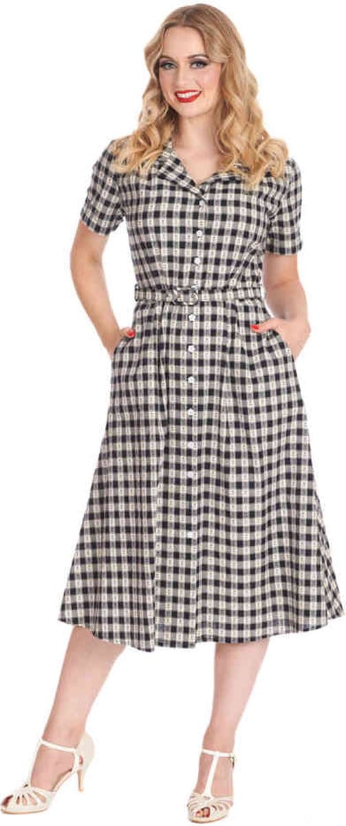 Banned - Cherry Check Flare jurk - XS - Blauw