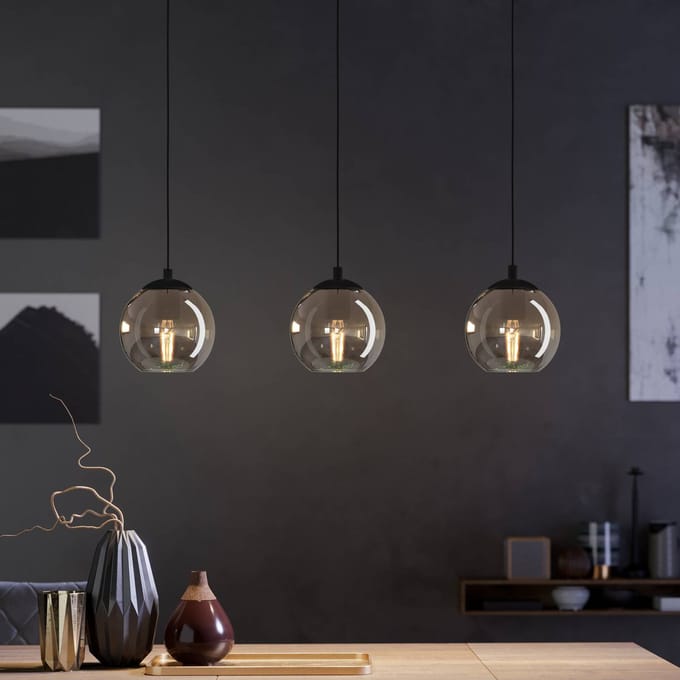 EGLO Hanglamp Ariscani, rookgrijs, lengte 77 cm, 3-lamps glas E27