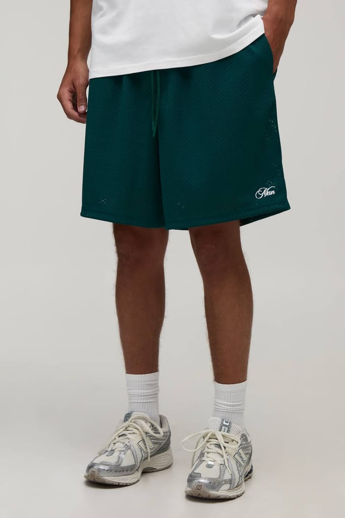 Ruimvallende Mesh Jersey Short Voor Heren Met Script Opdruk | Forest | Size XS