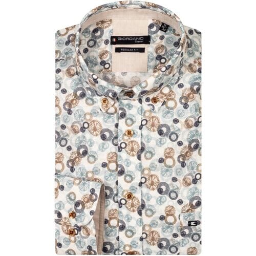 Giordano Overhemd Ivy Linnen Look Abstract Circles Pattern Pastel Blue-Multi / male