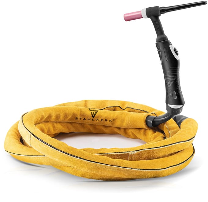 laskabelhoes, lichtbruin split rundleer, 3,5 meter lengte en 37 mm diameter, ritssluiting