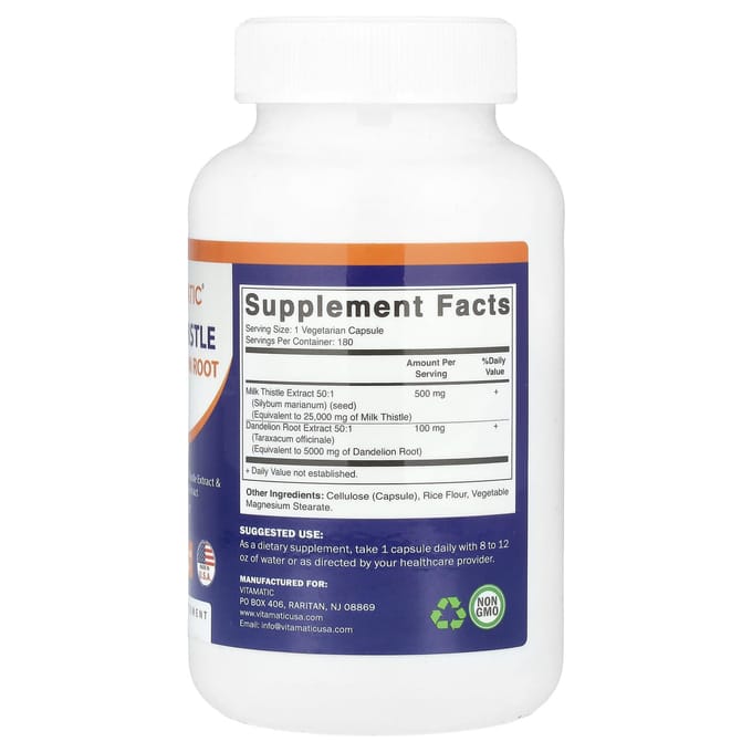 Vitamatic, milk thistle + dandelion root, 180 veggie capsules