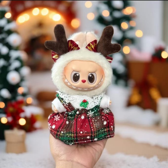 17cm Labubu Pop Kerstman Outfit Set met Leuke Accessoires Pluche Kleding Cadeau No Dolls gray