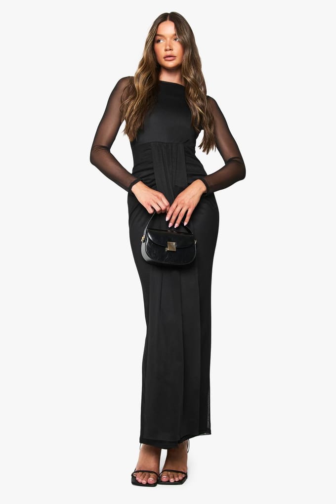 boohoo Dames Mesh Drape Detail Maxi-jurk | Black | Maat: 8