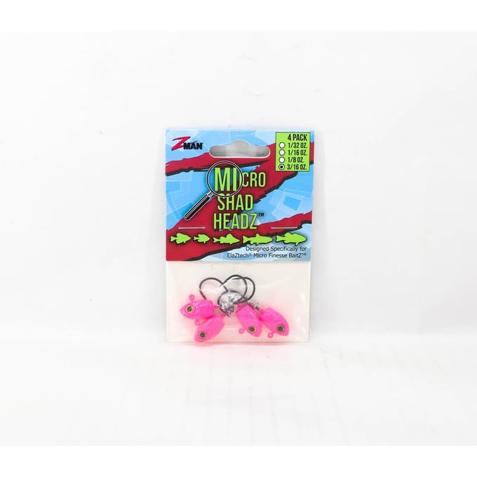 Têtes plombées Zman Micro Shad HeadZ 3/16 oz Taille 2, paquet de 4, rose phosphorescent (6780)