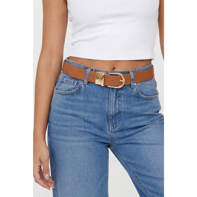 boohoo Dames Gouden Gesp Omkeerbare Riem | Tan | Maat: Medium/Large