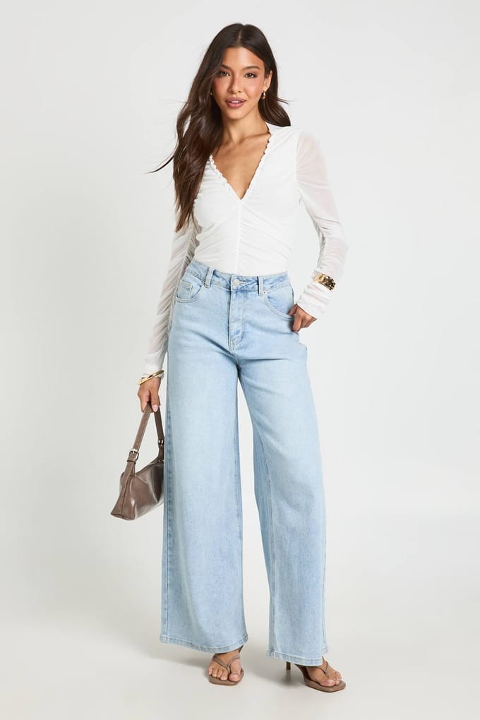 boohoo Dames Mesh Bodysuit Met Gerimpelde Halslijn En Lange Mouwen | Ivory | Maat: 6