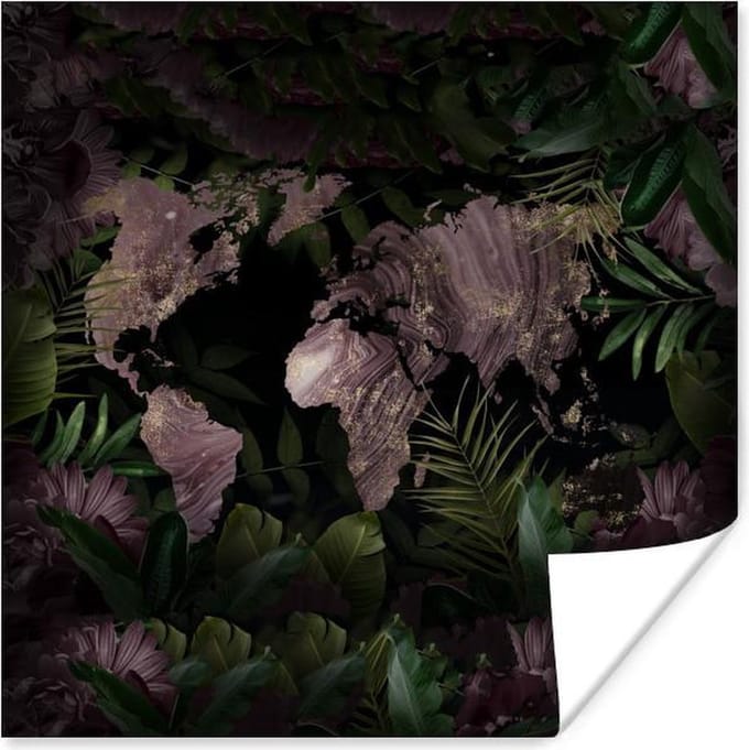 Poster Wereldkaart - Paars - Goud - 30x30 cm