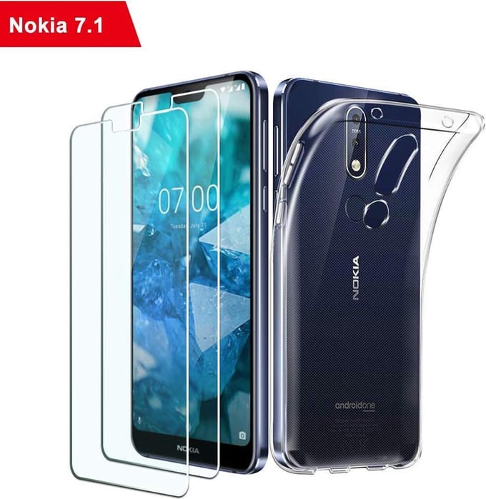 Screenprotector Geschikt voor: Nokia 7.1 Hoesje Transparant TPU Siliconen Soft Case + 2X Tempered Glass