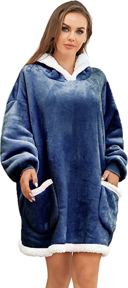 Hoodie Deken – Extra Groot – Hoge Kwaliteit Sherpa Fleece - One Size - Blauw