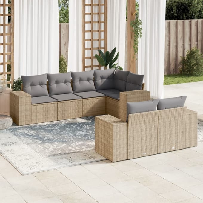 vidaXL - 7-delige - Loungeset - met - kussens - poly - rattan - beige