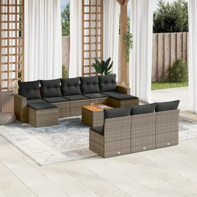 vidaXL - 11-delige - Loungeset - met - kussens - poly - rattan - grijs