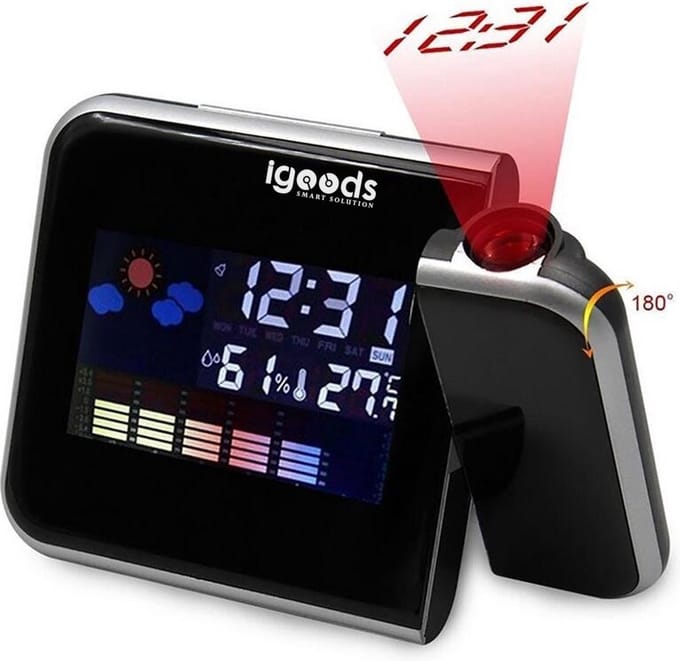 Igoods Kalenderklok - Calender Clock - Projectieklok - Color Screen - Wekker - Temperatuur - Luchtkwaliteit - Projectiewekker - Zwart