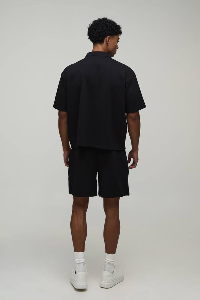 Oversized Boxy Interlock Polo Met Korte Mouwen En Pintuck Short Set | Black | Size Medium