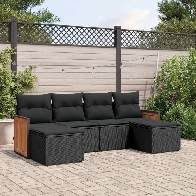 vidaXL - 6-delige - Loungeset - met - kussens - poly - rattan - zwart
