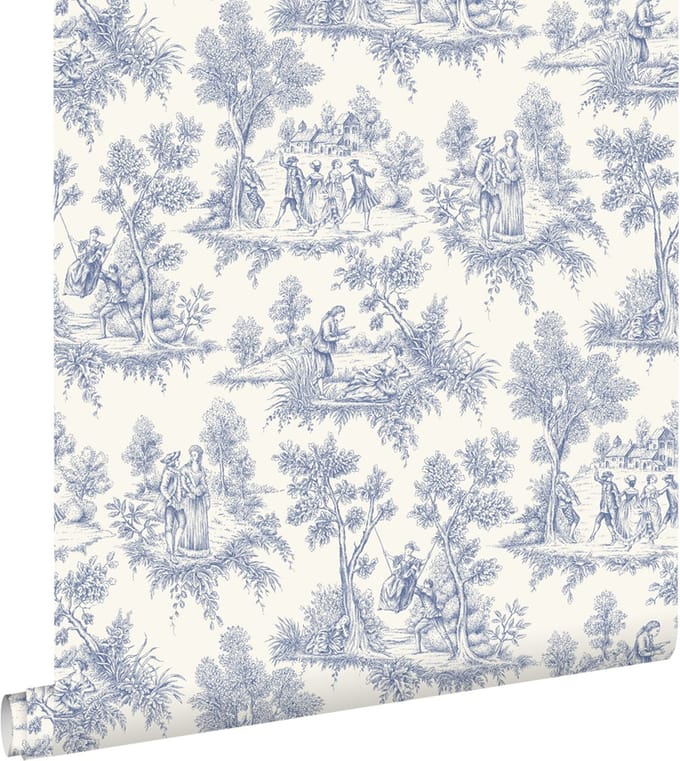 ESTAhome behang toile de jouy print blauw - 50 x 900 cm - 132096