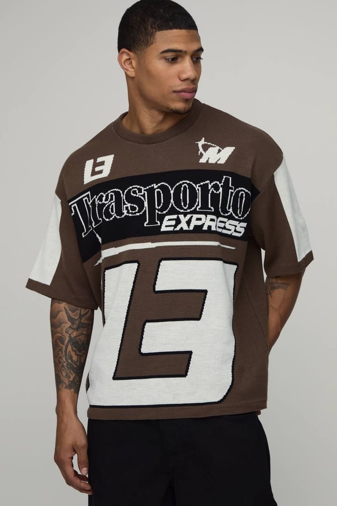 Oversized Moto Racing Graphic Knitted T-Shirt | Brown | Size Medium