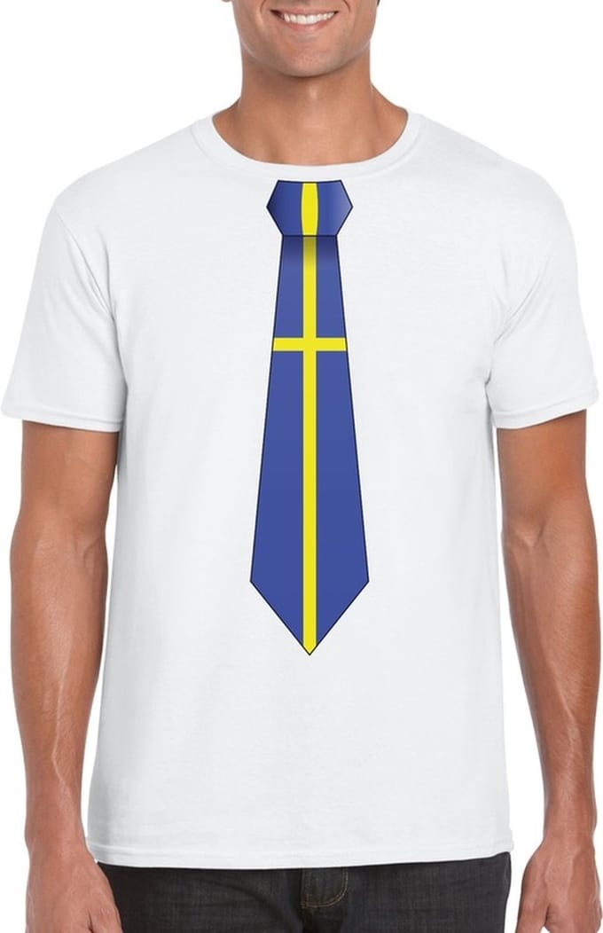 Wit t-shirt met Zweedse vlag stropdas heren - Zweden supporter S