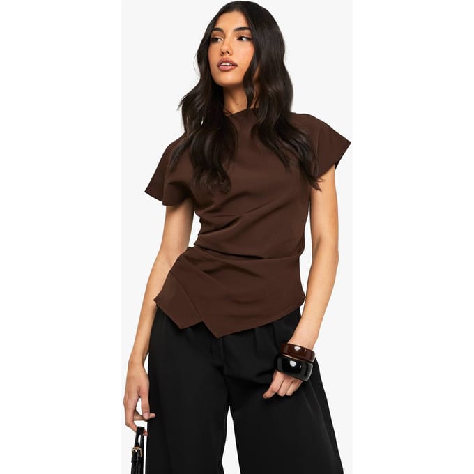 boohoo Dames Geweven Verbogen Zijsplit Top | Chocoladebruin | Maat: 44