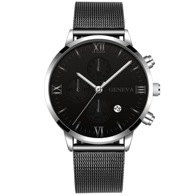 Hidzo Horloge Geneva Ø 41 - Met Datumaanduiding - Zwart/Zilver - Staal - Inclusief Horlogedoosje