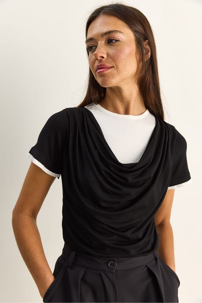 Dames Cowl Neck Korte Mouwen T-Shirt