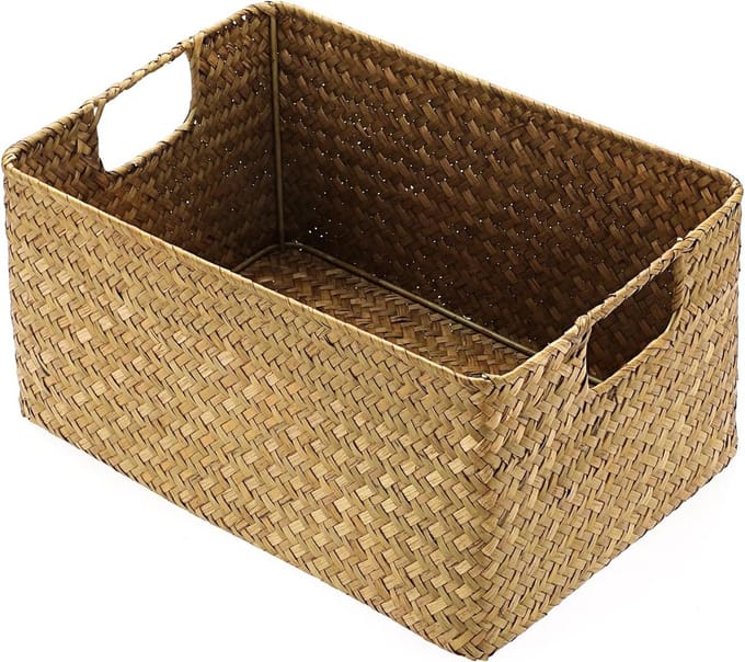 Woven Rectangular Seagrass Opbergmand - Decoratieve Multifunctionele Mand voor Badkamer, Planken en Bureau (Karamel, Klein)