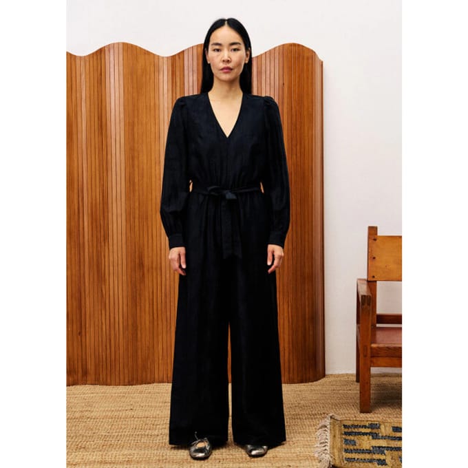 FRNCH Cardamom jumpsuit met strikceintuur en pofmouw zwart