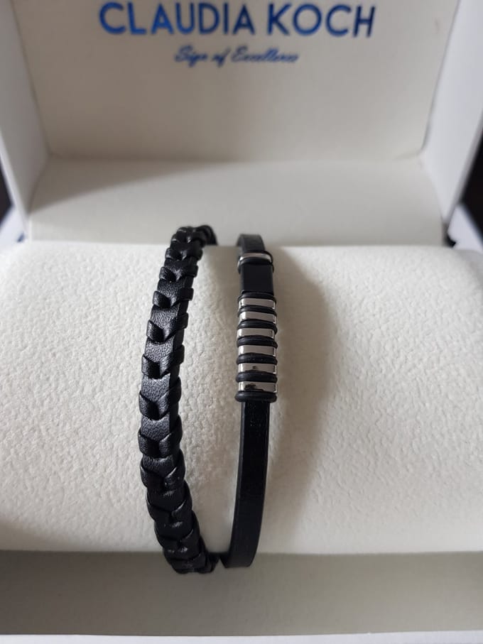 Claudia Koch Bracelet Men Genuine Leather With Stainless Steel, Black Silver