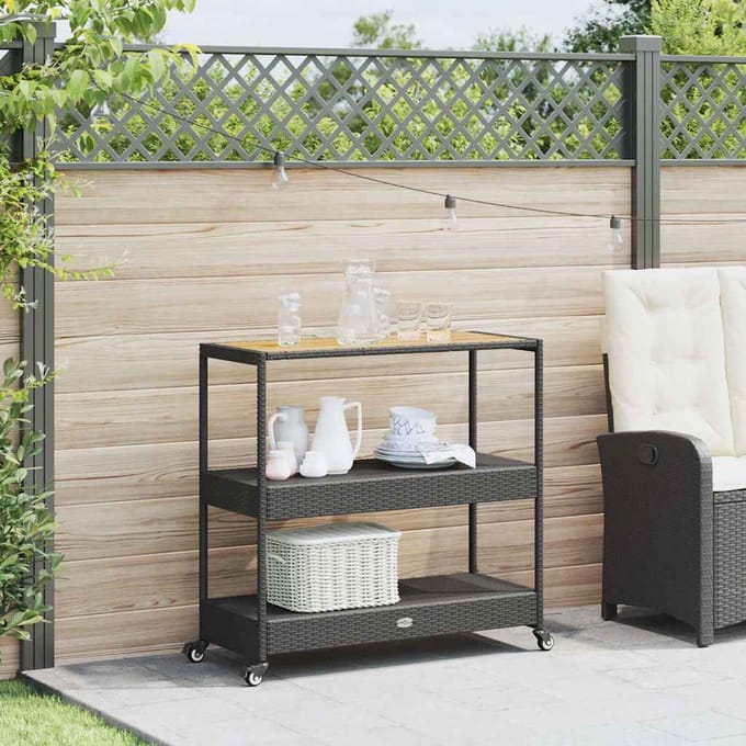 vidaXL - Bartrolley - 3-laags - poly - rattan - en - massief - acaciahout - zwart