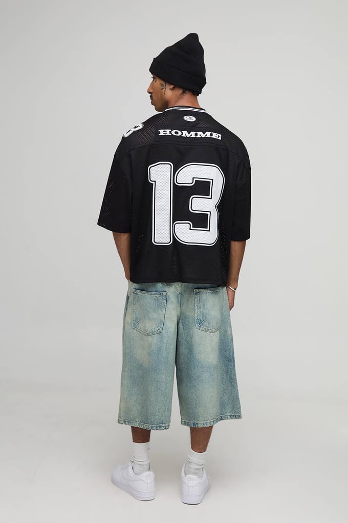 Oversized Boxy Mesh Varsity V-hals Hockey Top | Black | Size Medium