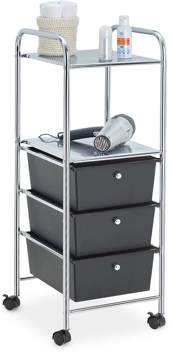 Rolcontainer GINA, 3 lades en 2 planken in zwart