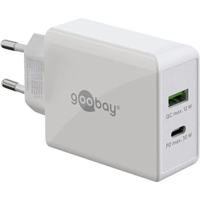 Goobay dubbele USB-snellader 30 W wit met USB-C Power Delivery en USB-A, voor smartphone, tablet en powerbank, met beveiligingselektronica