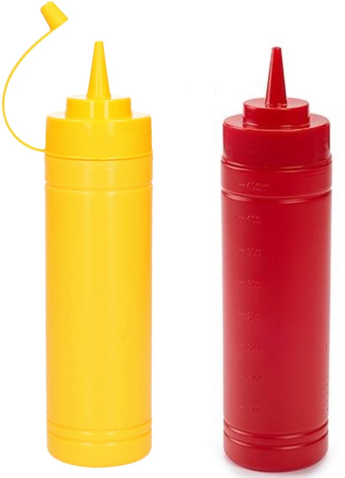Doseerfles/sausfles - set 2x - rood/geel - met schenktuit - 500 ml - 23 cm
