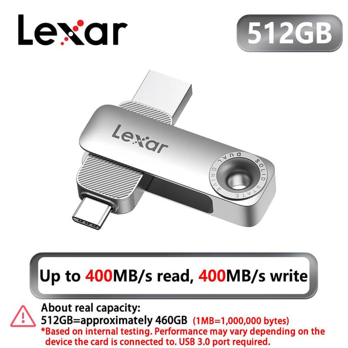 Lexar 128GB OTG Solid State Dual Drive 256GB 512GB Type-C USB Flash Drive Tot 400MB/s Lezen Pendrive USB-C & USB-A Poort voor iPhone 17, Android, PC 【512GB】