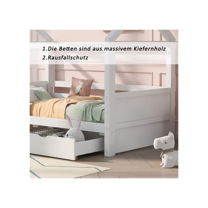 Juniorbed - MUVOE - 90x200 cm - Massief hout - Met lades - Wit wit