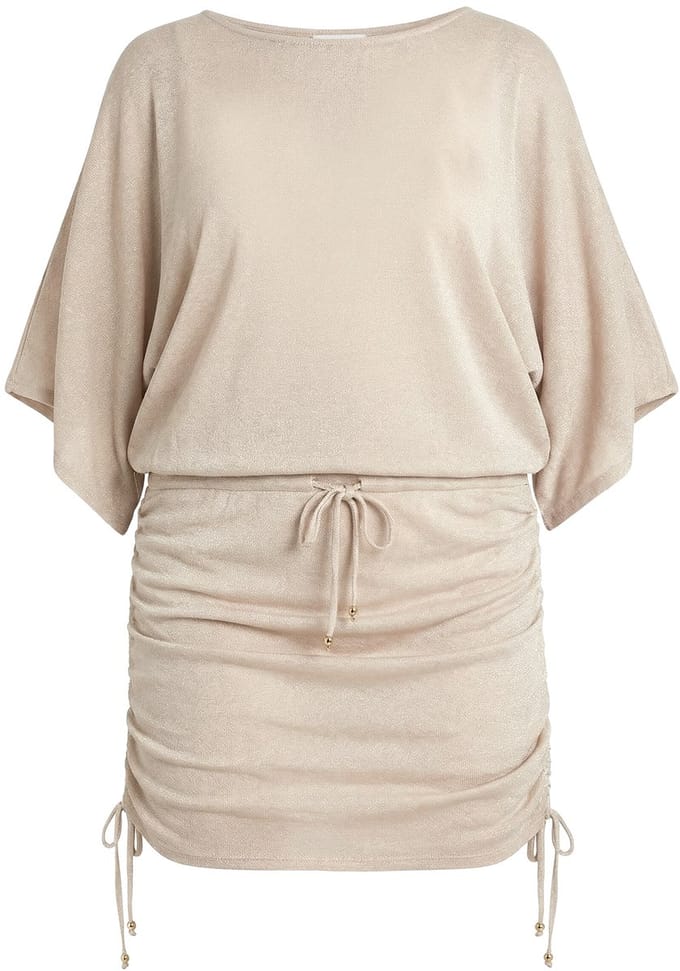 Ulla Popken - Dames - Strandjurk metallic effect boothals korte mouwen - Zand - Maat 58+